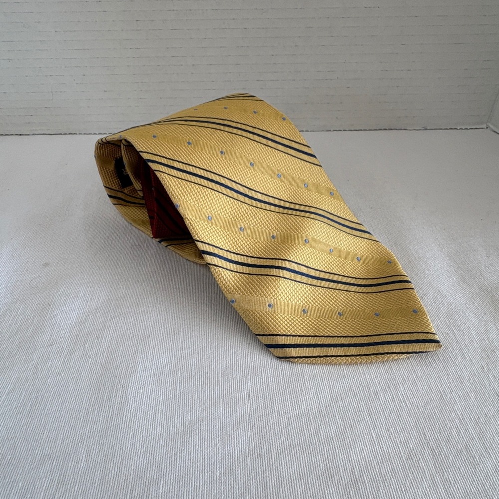 Tommy Hilfiger Mens Silk Tie Yellow‎ Burgundy Striped Polka Dot Made in USA